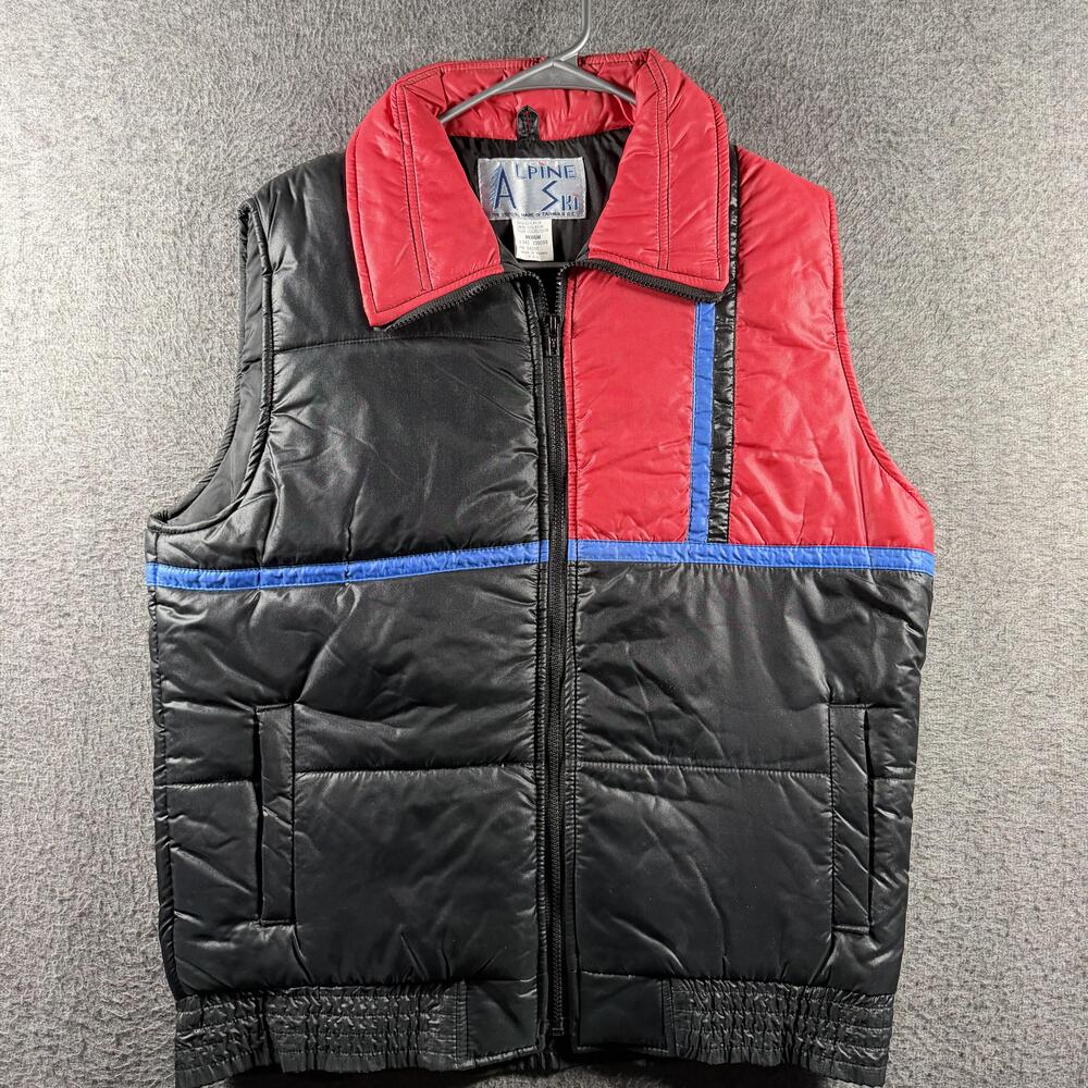 Vintage Alpine Ski Vest Mens Medium Black Red Colorblock Quilted Puffer 80s